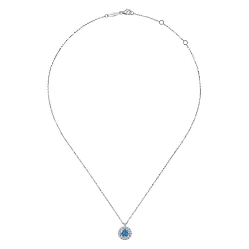 18 inch 14K White Gold Round Blue Topaz and Diamond Halo Pendant Necklace - 0.05 ct - Shot 2