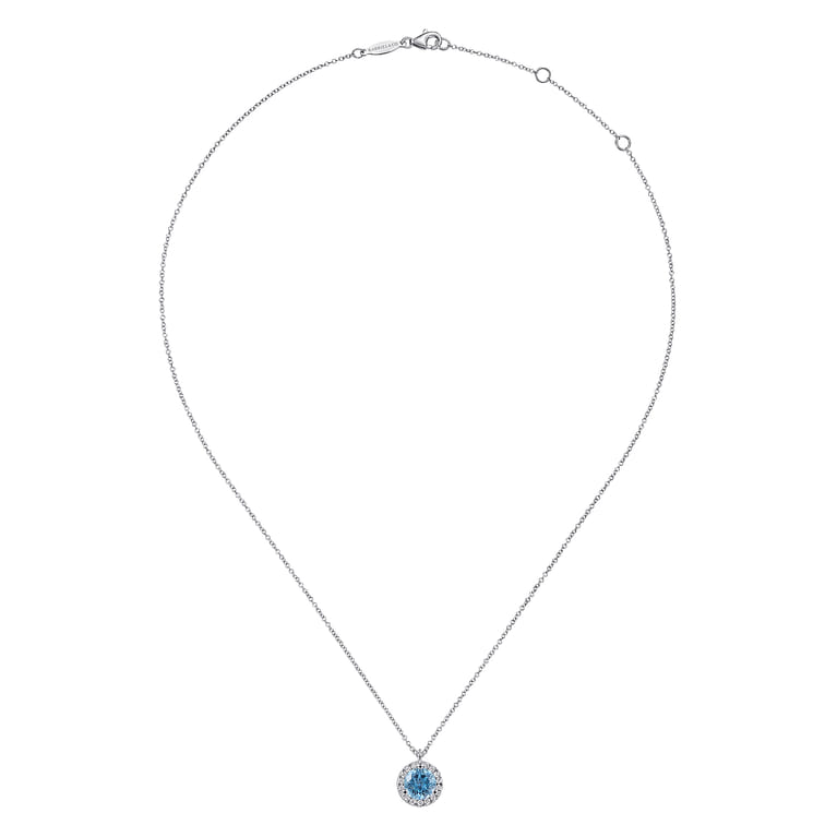 18 inch 14K White Gold Round Blue Topaz and Diamond Halo Pendant Necklace - 0.05 ct - Shot 2