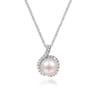 18 inch 14K White Gold Round Cultured Pearl and Diamond Halo Pendant Necklace - 0.14 ct