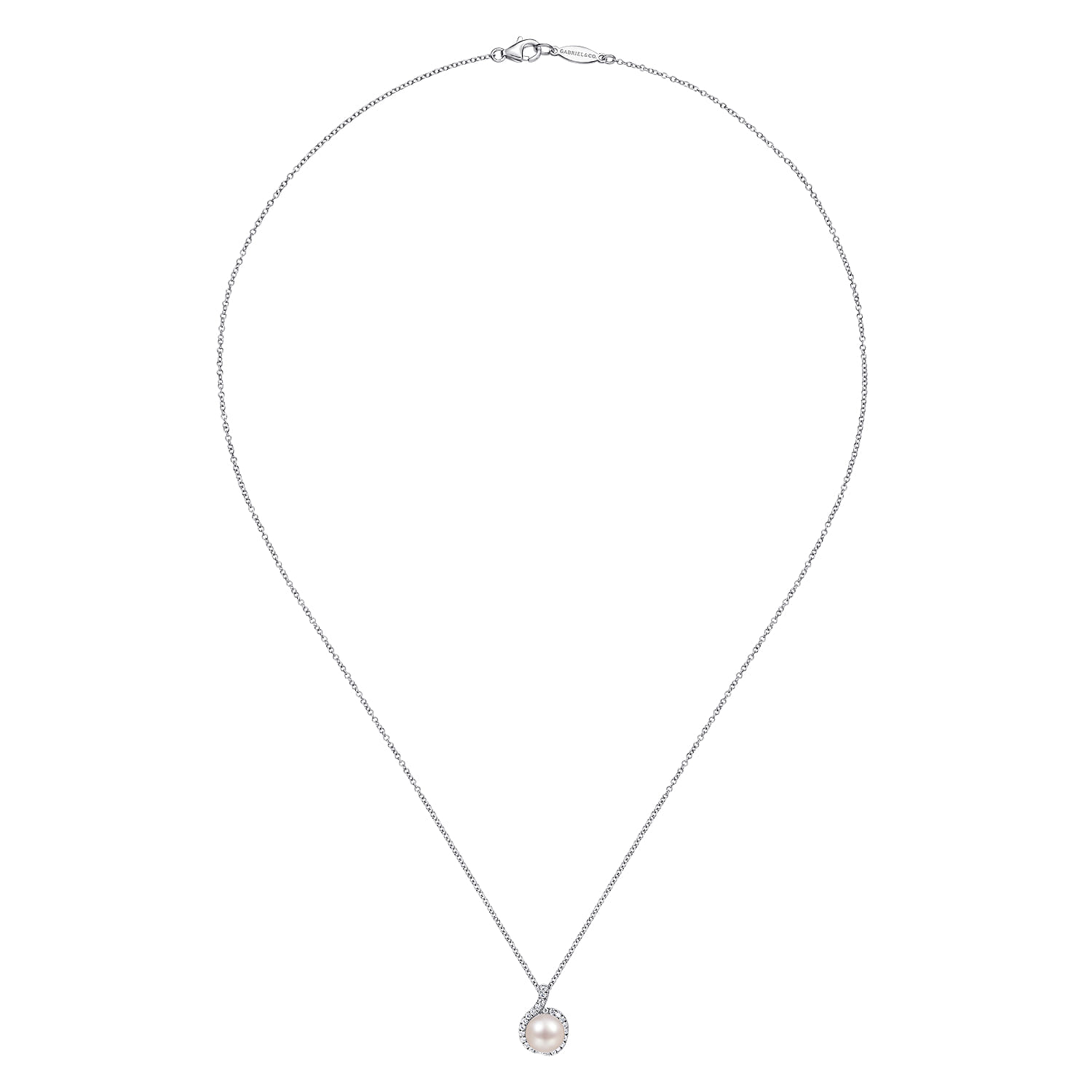 18 inch 14K White Gold Round Cultured Pearl and Diamond Halo Pendant Necklace - 0.14 ct - Shot 2