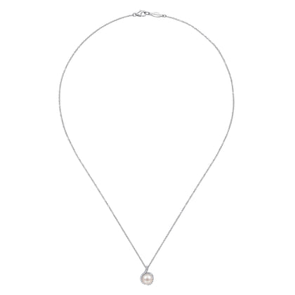 18 inch 14K White Gold Round Cultured Pearl and Diamond Halo Pendant Necklace