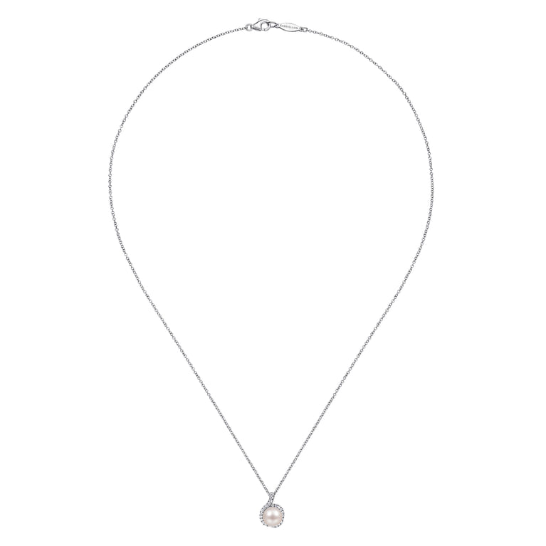 18 inch 14K White Gold Round Cultured Pearl and Diamond Halo Pendant Necklace - 0.14 ct - Shot 2