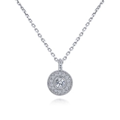 18 inch 14K White Gold Round Diamond Halo Pendant Necklace