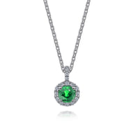 18 inch 14K White Gold Round Emerald and Diamond Halo Pendant Necklace