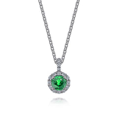 18 inch 14K White Gold Round Emerald and Diamond Halo Pendant Necklace