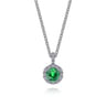 18 inch 14K White Gold Round Emerald and Diamond Halo Pendant Necklace - 0.08 ct