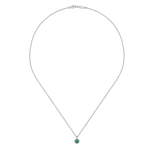 18 inch 14K White Gold Round Emerald and Diamond Halo Pendant Necklace
