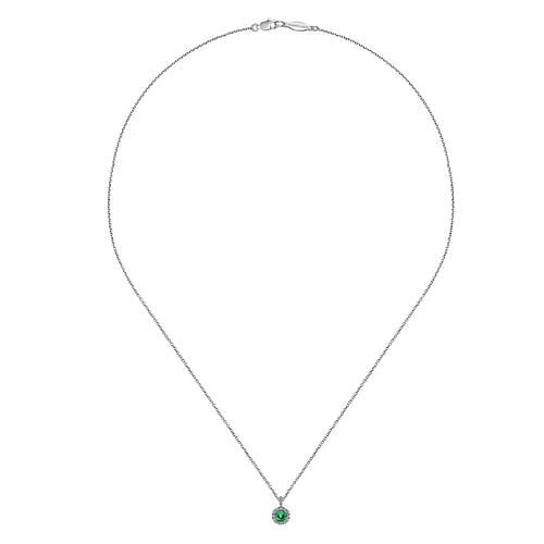 18 inch 14K White Gold Round Emerald and Diamond Halo Pendant Necklace - 0.08 ct - Shot 2