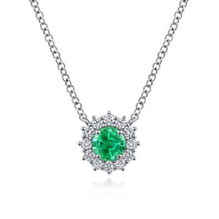 18 inch 14K White Gold Round Emerald and Diamond Halo Pendant Necklace