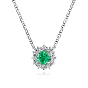 18 inch 14K White Gold Round Emerald and Diamond Halo Pendant Necklace