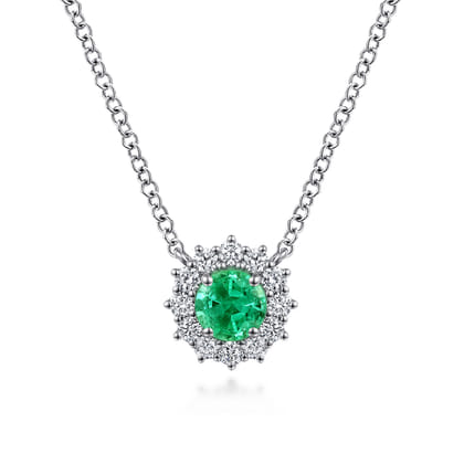 18 inch 14K White Gold Round Emerald and Diamond Halo Pendant Necklace