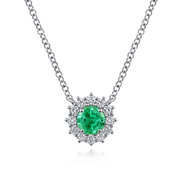 18 inch 14K White Gold Round Emerald and Diamond Halo Pendant Necklace - 0.18 ct - Shot 1