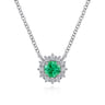 18 inch 14K White Gold Round Emerald and Diamond Halo Pendant Necklace - 0.18 ct
