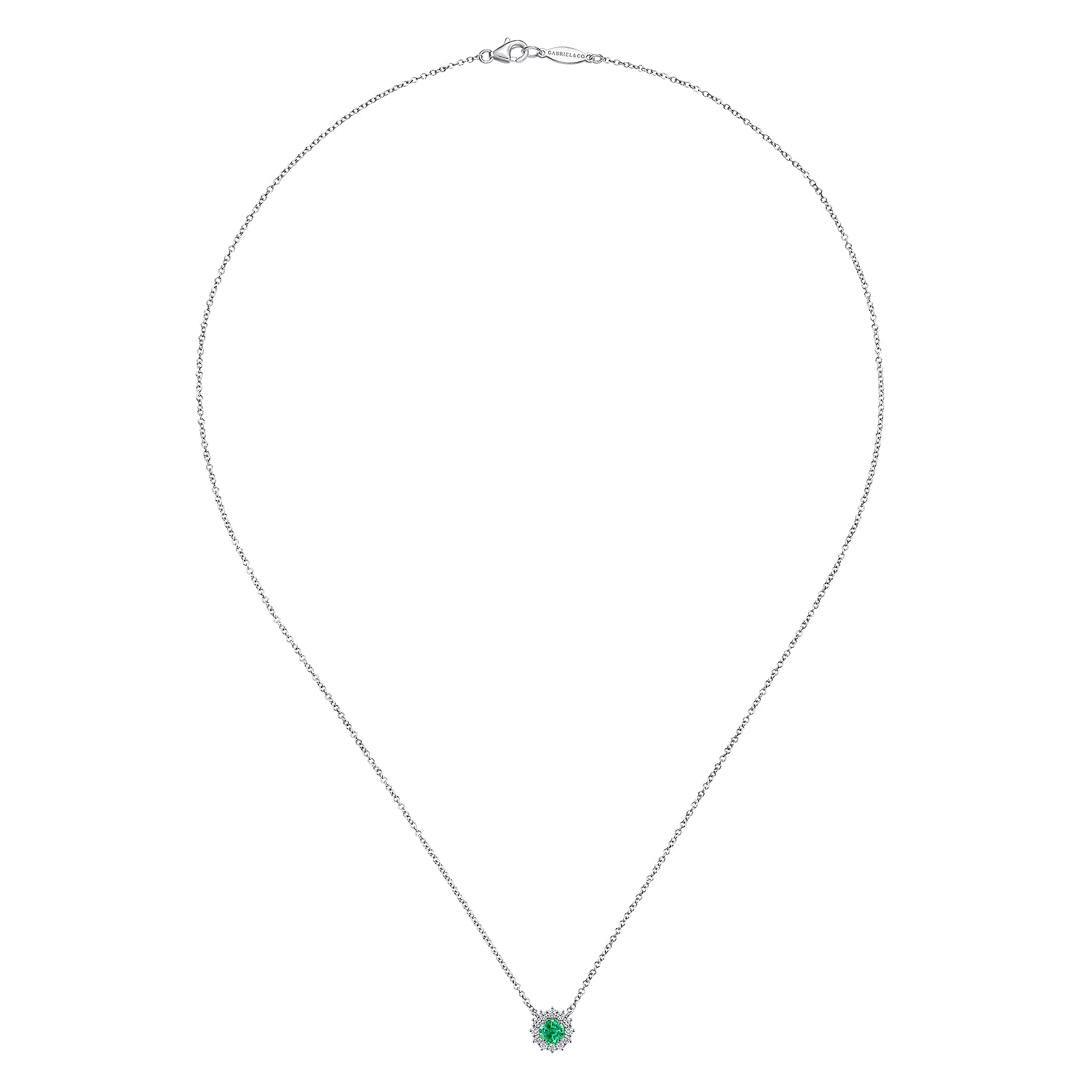 18 inch 14K White Gold Round Emerald and Diamond Halo Pendant Necklace