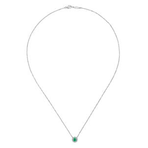 18 inch 14K White Gold Round Emerald and Diamond Halo Pendant Necklace