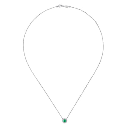 18 inch 14K White Gold Round Emerald and Diamond Halo Pendant Necklace
