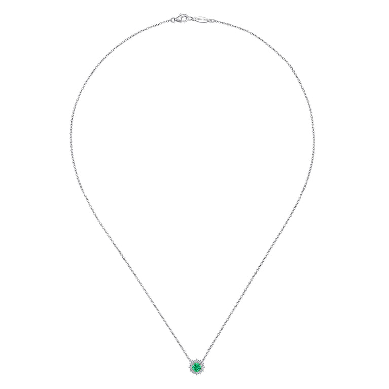 18 inch 14K White Gold Round Emerald and Diamond Halo Pendant Necklace - 0.18 ct - Shot 2
