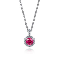 18 inch 14K White Gold Round Ruby and Diamond Halo Pendant Necklace