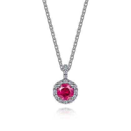 18 inch 14K White Gold Round Ruby and Diamond Halo Pendant Necklace