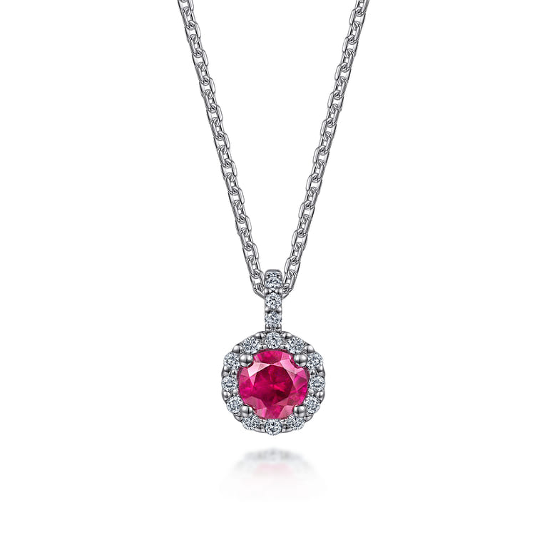 18 inch 14K White Gold Round Ruby and Diamond Halo Pendant Necklace - 0.08 ct - Shot 1
