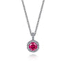 18 inch 14K White Gold Round Ruby and Diamond Halo Pendant Necklace - 0.08 ct