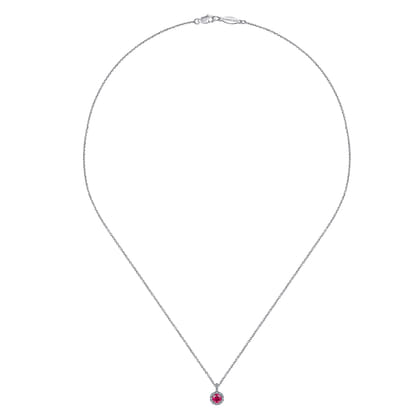 18 inch 14K White Gold Round Ruby and Diamond Halo Pendant Necklace