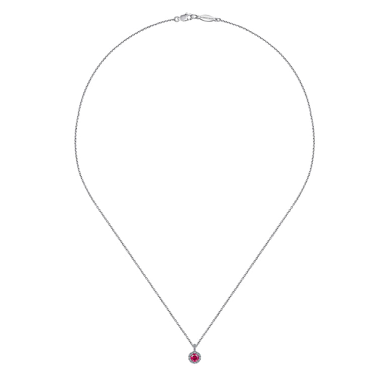 18 inch 14K White Gold Round Ruby and Diamond Halo Pendant Necklace