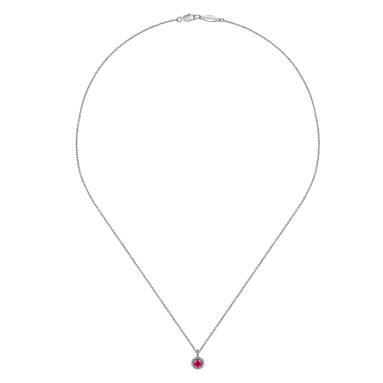 18 inch 14K White Gold Round Ruby and Diamond Halo Pendant Necklace - 0.08 ct - Shot 2