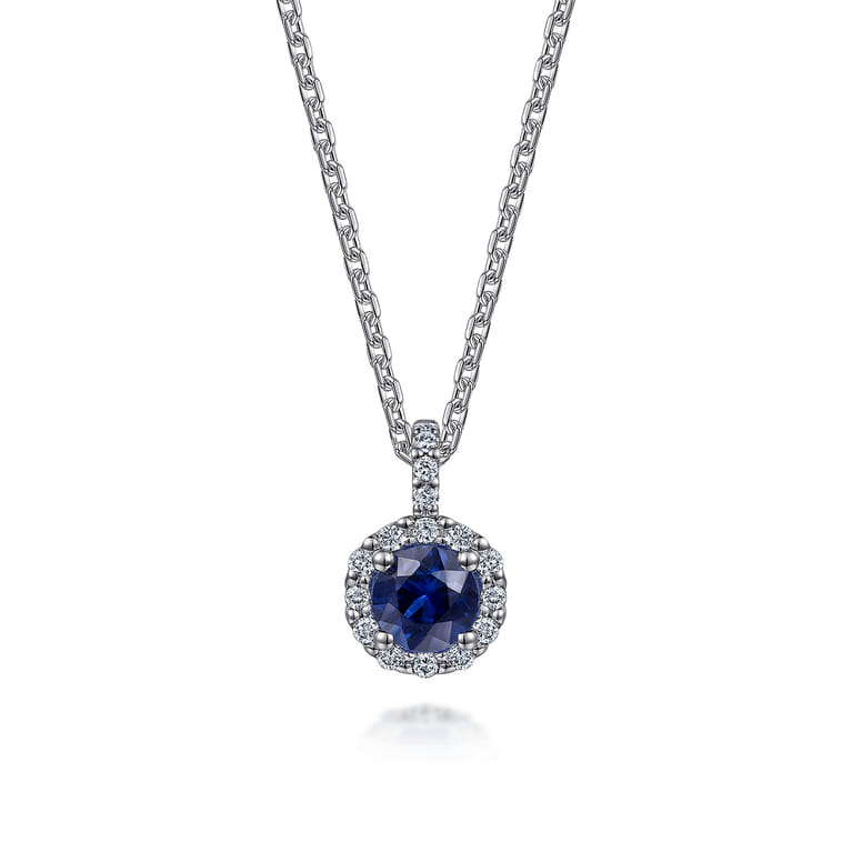 18 inch 14K White Gold Round Sapphire and Diamond Halo Pendant Necklace - 0.08 ct - Shot 1