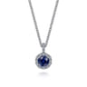 18 inch 14K White Gold Round Sapphire and Diamond Halo Pendant Necklace - 0.08 ct