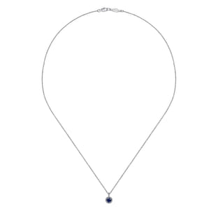 18 inch 14K White Gold Round Sapphire and Diamond Halo Pendant Necklace