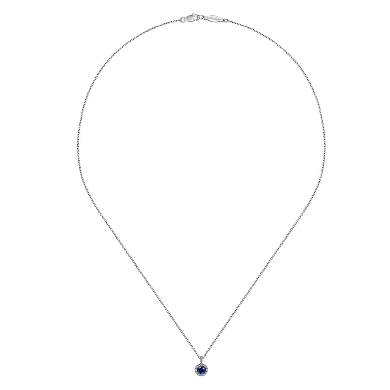 18 inch 14K White Gold Round Sapphire and Diamond Halo Pendant Necklace - 0.08 ct - Shot 2