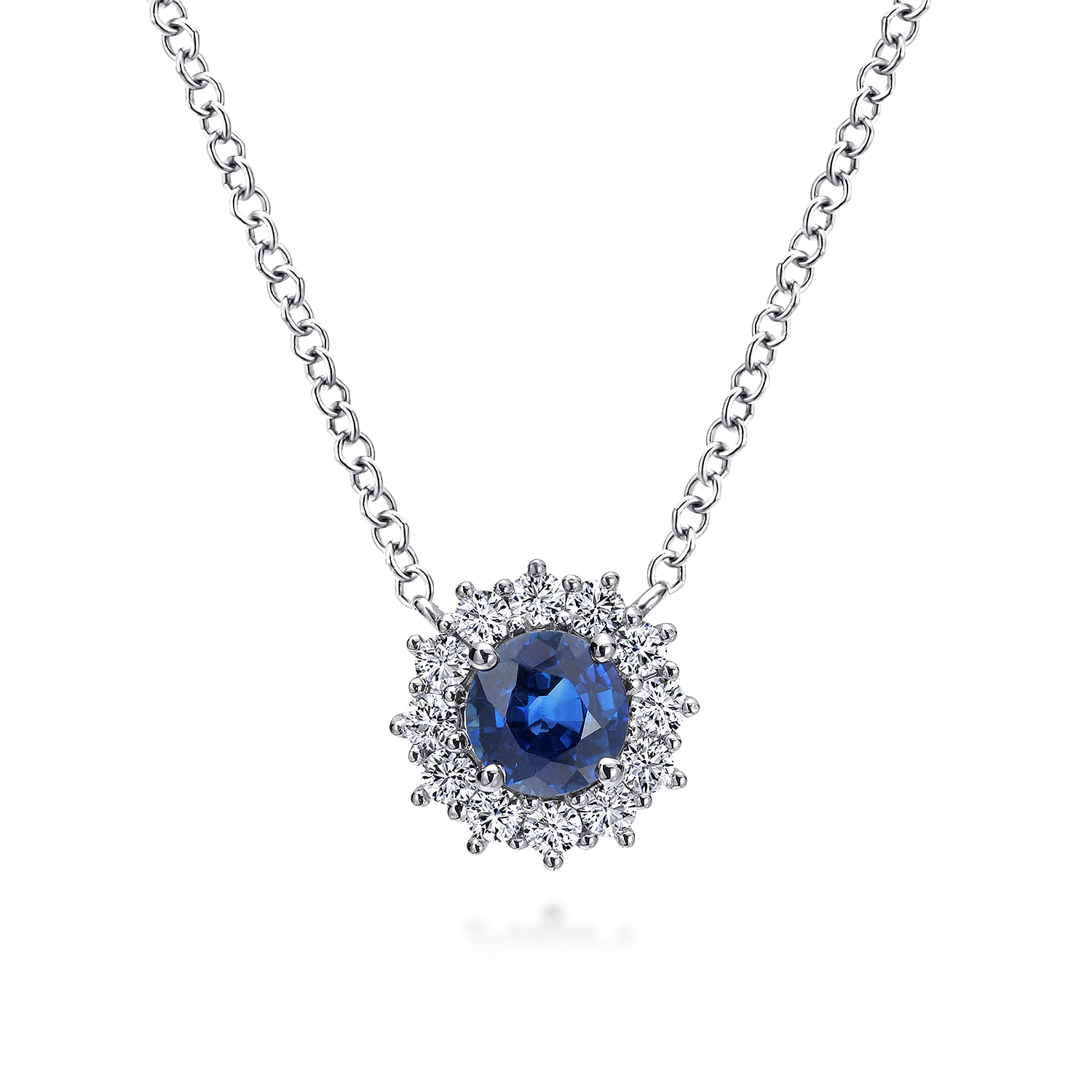18 inch 14K White Gold Round Sapphire and Diamond Halo Pendant Necklace - 0.18 ct - Shot 1