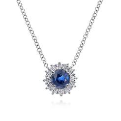 18 inch 14K White Gold Round Sapphire and Diamond Halo Pendant Necklace