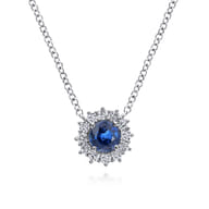 18 inch 14K White Gold Round Sapphire and Diamond Halo Pendant Necklace