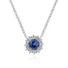 18 inch 14K White Gold Round Sapphire and Diamond Halo Pendant Necklace - 0.18 ct