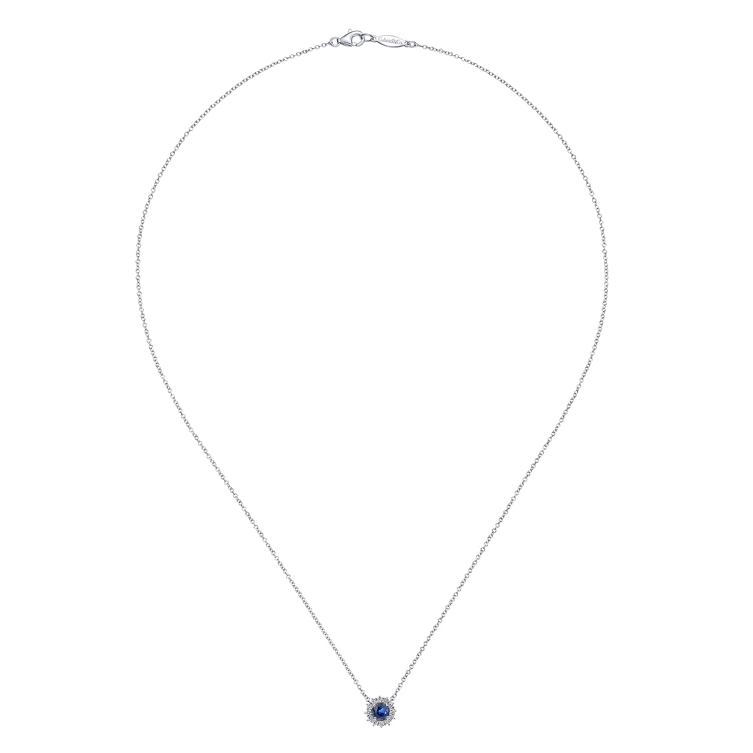 18 inch 14K White Gold Round Sapphire and Diamond Halo Pendant Necklace - 0.18 ct - Shot 2