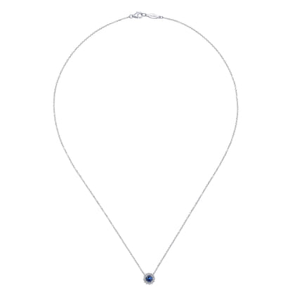 18 inch 14K White Gold Round Sapphire and Diamond Halo Pendant Necklace