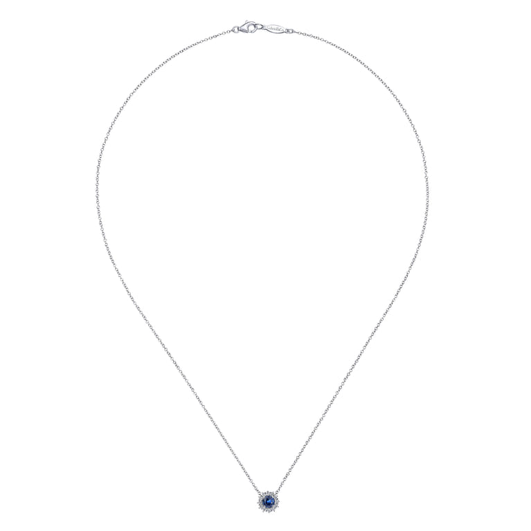 18 inch 14K White Gold Round Sapphire and Diamond Halo Pendant Necklace - 0.18 ct - Shot 2