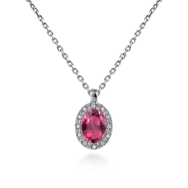 18 inch 14K White Gold Ruby and Diamond Halo Drop Necklace - 0.06 ct - Shot 1