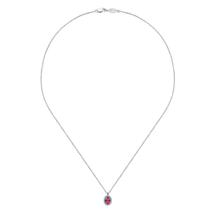 18 inch 14K White Gold Ruby and Diamond Halo Drop Necklace