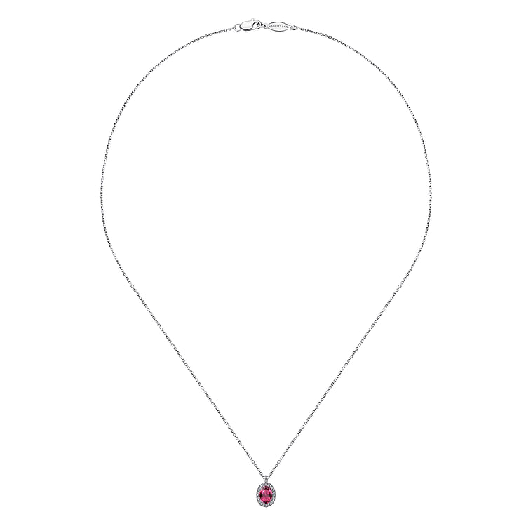 18 inch 14K White Gold Ruby and Diamond Halo Drop Necklace
