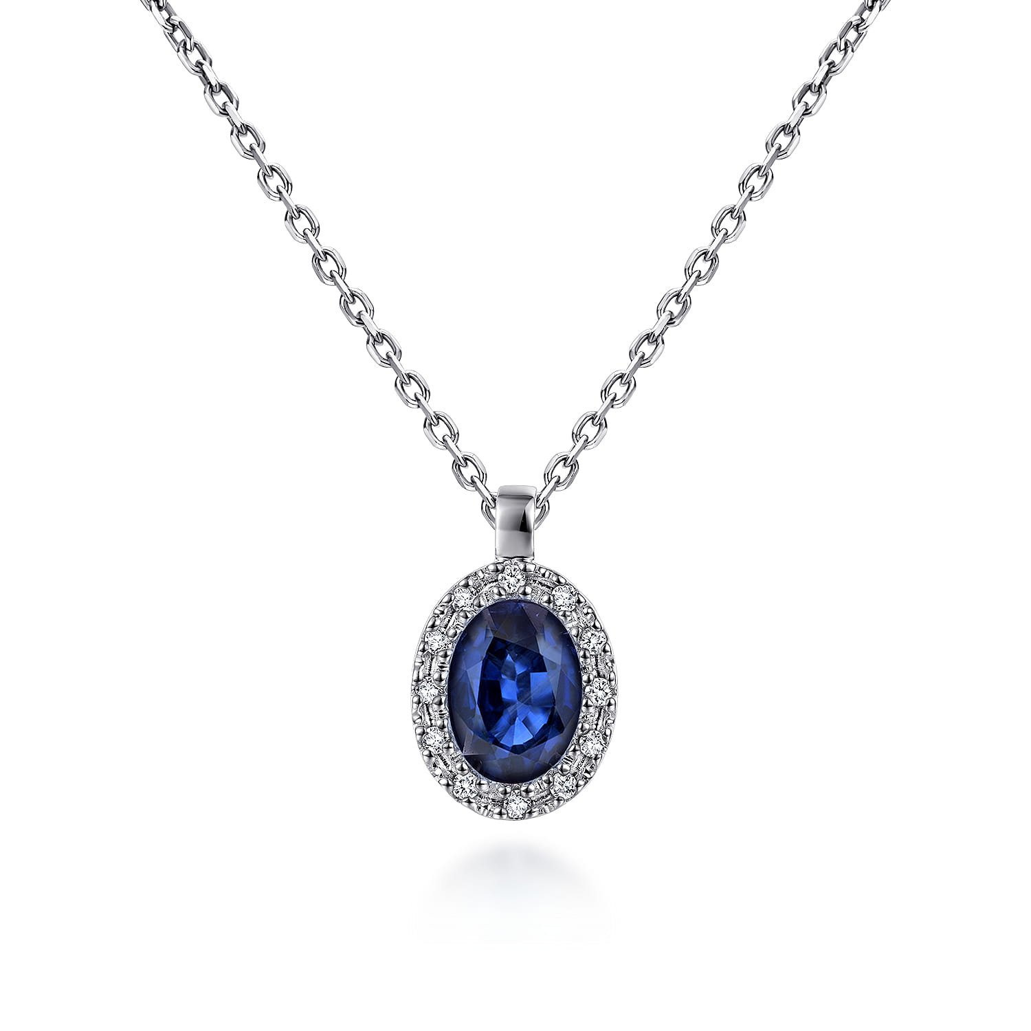 18 inch 14K White Gold Sapphire and Diamond Halo Drop Necklace - 0.06 ct - Shot 1