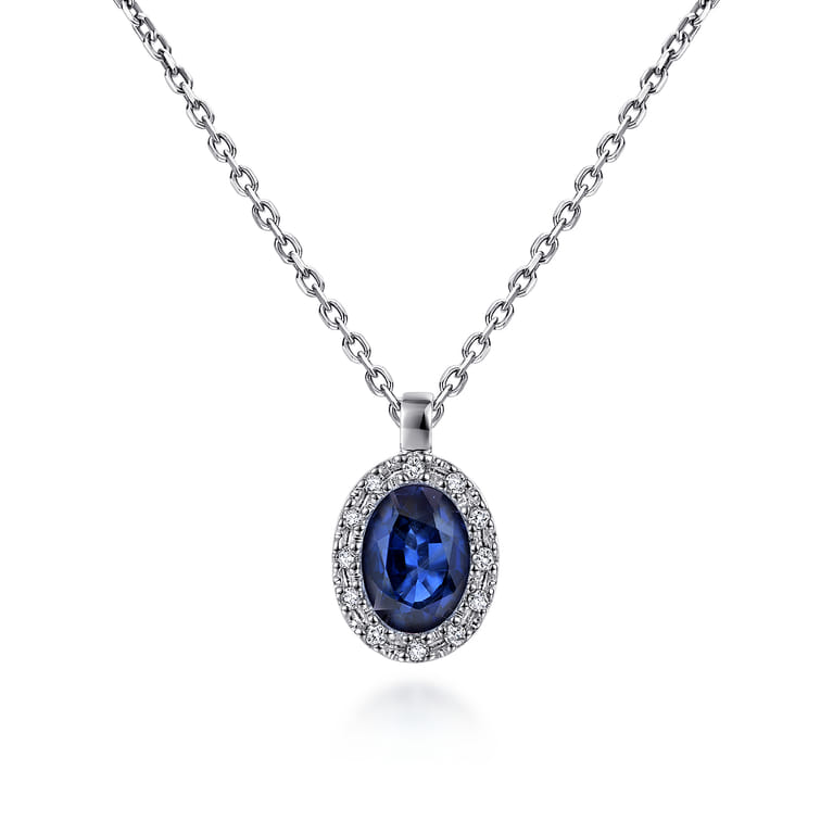 18 inch 14K White Gold Sapphire and Diamond Halo Drop Necklace - 0.06 ct - Shot 1