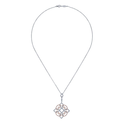 18 inch 14K White Rose Gold Floral Diamond Pendant Necklace