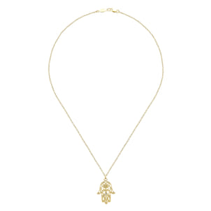 18 inch 14K Yellow Gold Filigree Diamond Hamsa Pendant Necklace