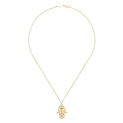 18 inch 14K Yellow Gold Filigree Diamond Hamsa Pendant Necklace