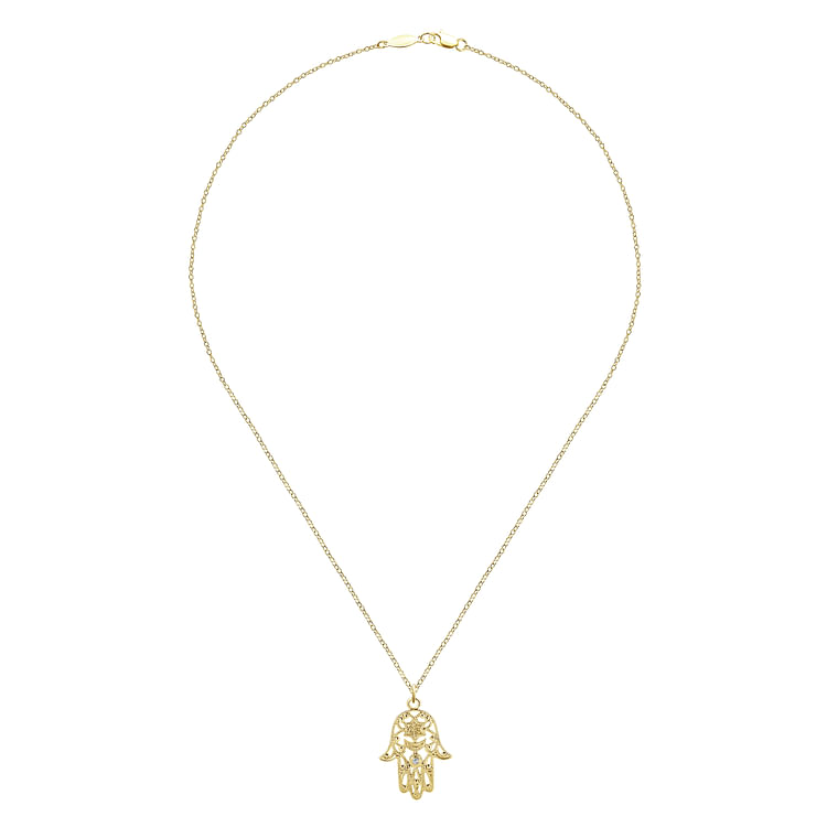 18 inch 14K Yellow Gold Filigree Diamond Hamsa Pendant Necklace