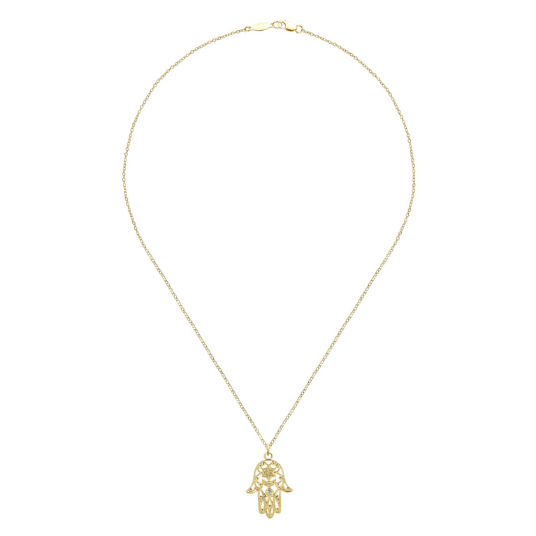 18 inch 14K Yellow Gold Filigree Diamond Hamsa Pendant Necklace - 0.02 ct - Shot 2