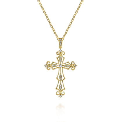 18 inch 14K Yellow Gold Open Diamond Cross Pendant Necklace